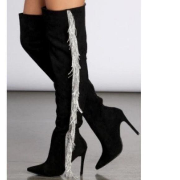 Pointy Toe OTK Boots w/ Rhinestone Fringe in Black - Picture 9 of 10